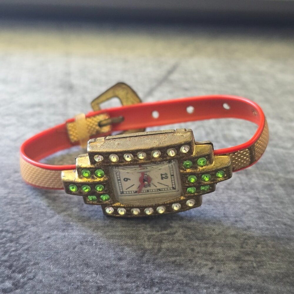 Vintage ESCO Esko Toy Wrist Watch Red Band Green Rhinestone Novelty 1930s 1940s - Picture 4 of 16